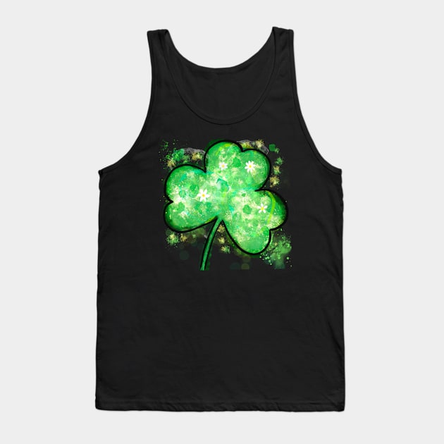Shamrock St. Patricks Day Glitter Watercolor Painting 4 leaf clover Tank Top by Sheila’s Studio